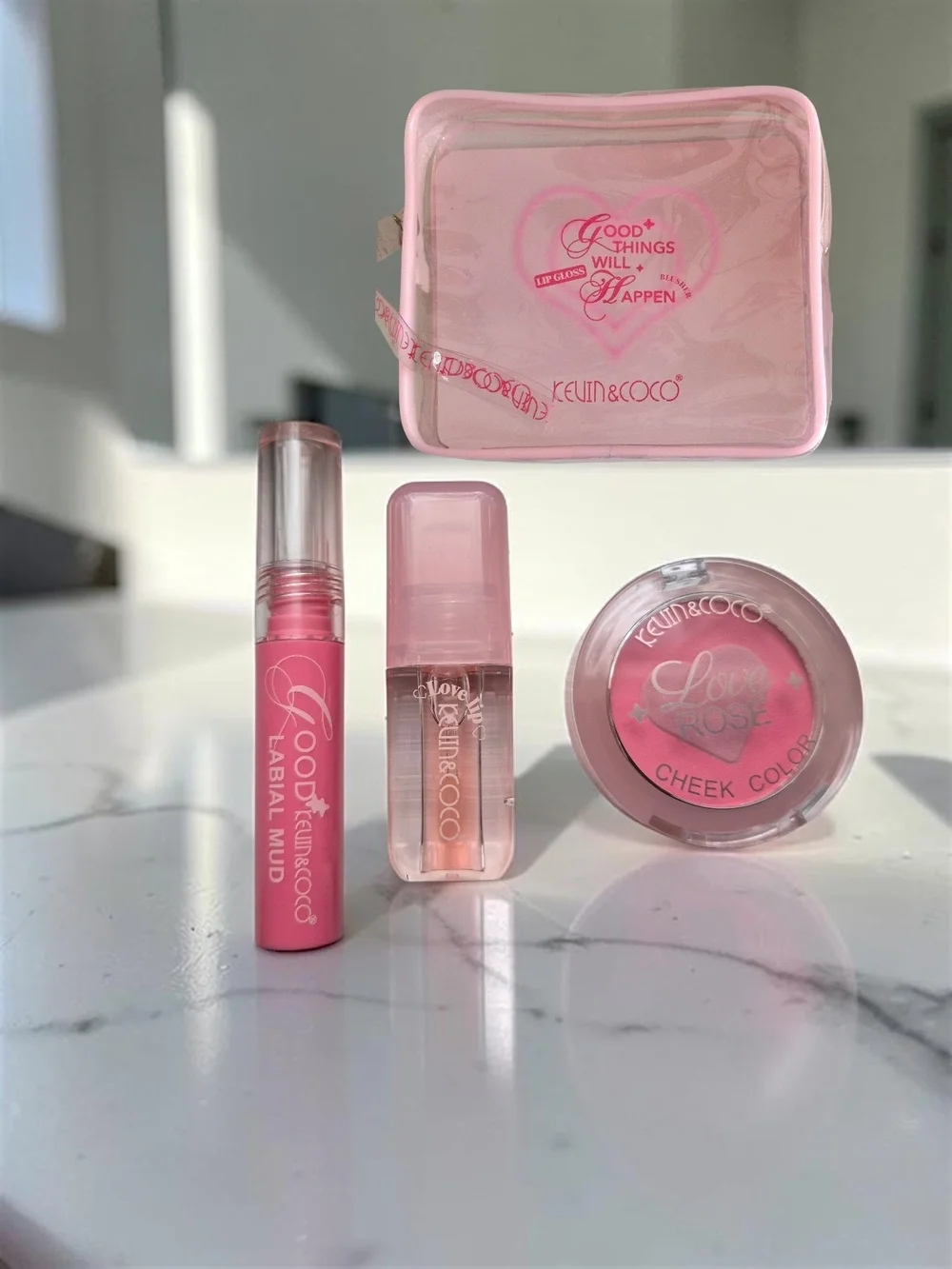 KEVIN & COCO Good Things Will Happen 3-Piece  Lip & Lt. Rose Blush Set w/Case